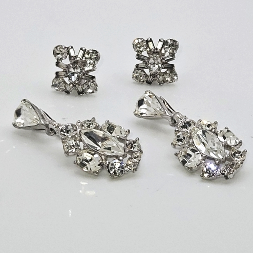 BOGOFF Vintage Earrings LOT 2 Pairs Rhinestone Silver Dangle and Stud Style